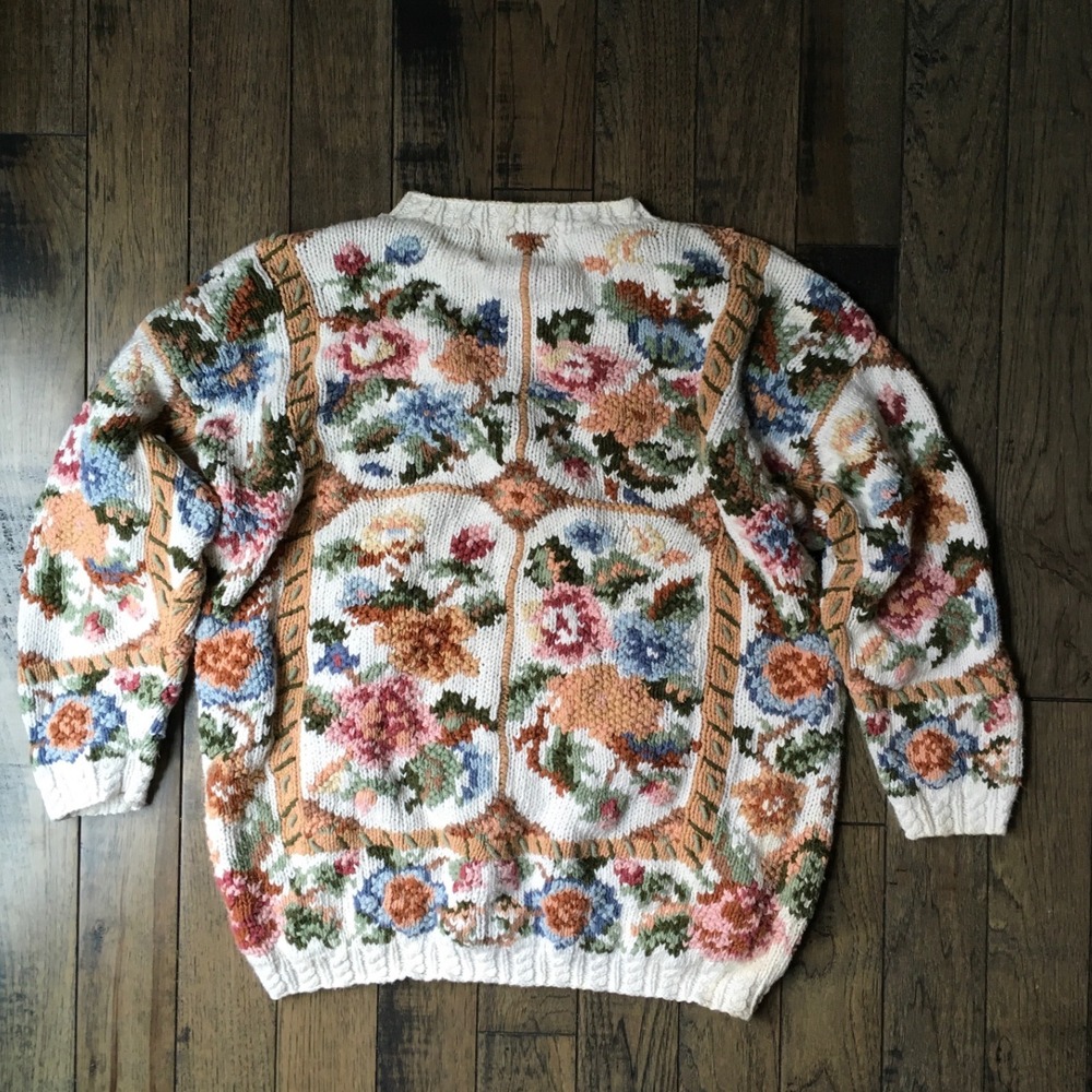 Cristal-Kobe Vintage Floral Tapestry Chunky Knit Sweater Petite Cream Multi 90s - Picture 7 of 14